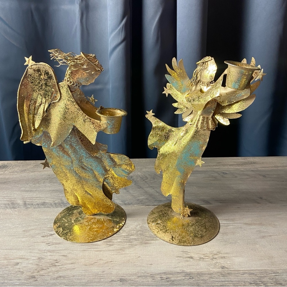 Pair of Vintage‎ Gold Metal Angel Figurines Candle Holders